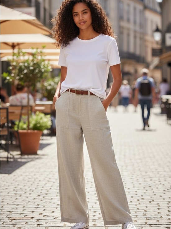 Zara Pants - Zara Wide-Leg Pants in Light Beige with Brown Belt